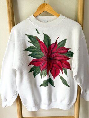 Vintage Pannill USA  Women’s Sweatshirt Large White Poinsettia Graphic Crewneck
